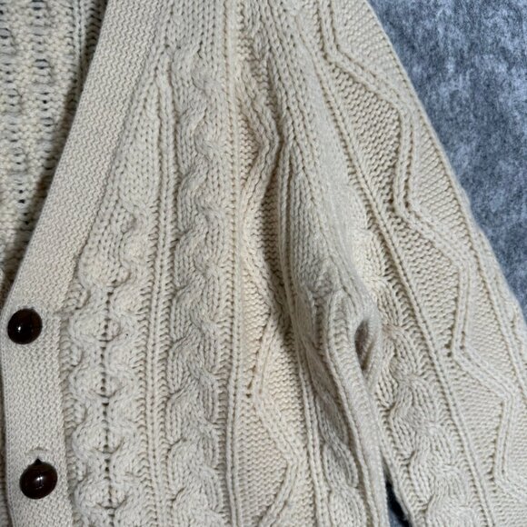 Vintage Men's 100% Cream Wool Cable Knit Cardigan Fisherman V Neck Coastal M - Picture 4 of 8